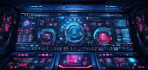 High-tech futuristic control panel with vibrant colors and intricate displays in a sci-fi environment