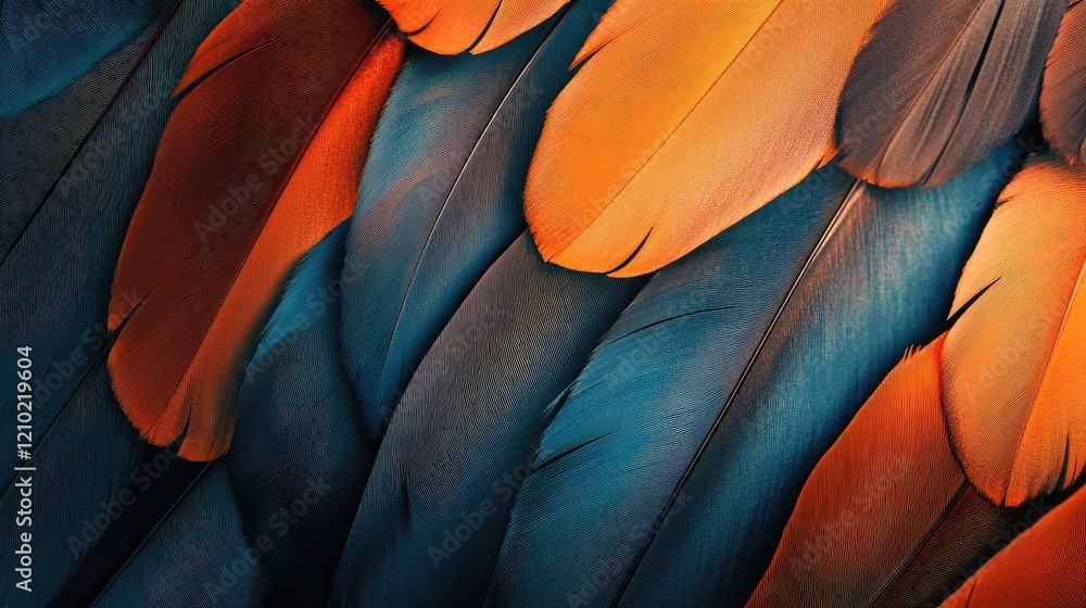 Poster artistic composition of orange and blue feathers overlapping, with soft lighting emphasizing their r
