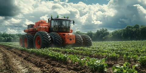 Obraz premium Farming equipment works on a lush field under a dramatic sky filled with clouds
