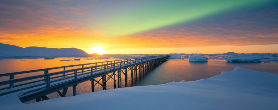 Glowing sunset casting colorful reflections on frozen seascape, Northern Lights dancing above wooden pier amid arctic icebergs