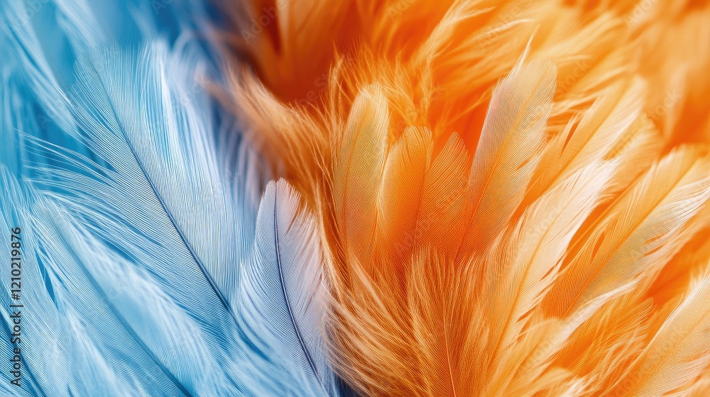 Poster artistic macro view of orange and blue feathers side by side, highlighting their bold colors and del
