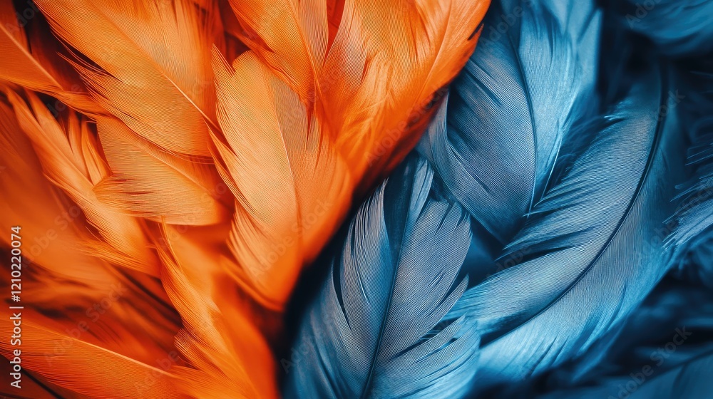 Poster artistic macro view of orange and blue feathers side by side, highlighting their bold colors and del