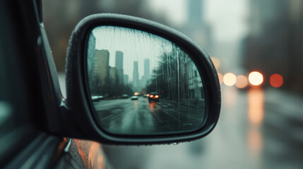 Reflecting urban skyline on a rainy day, wet car side mirror captures a moody atmosphere, enhancing the sense of a cold, gloomy evening