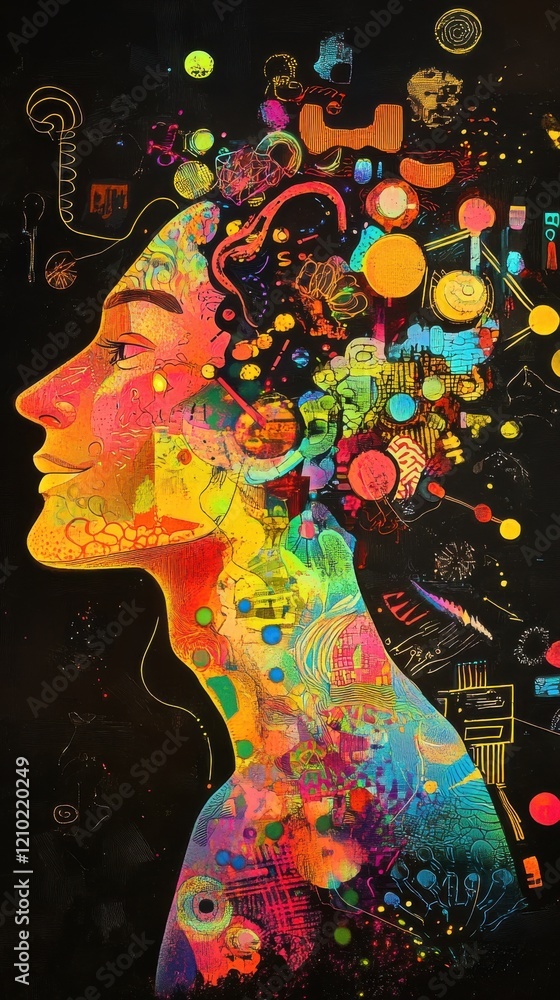 Poster mystical profile of a man filled with vibrant, colorful patterns and creative elements depicting tho