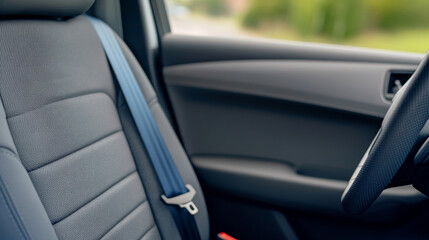 Close-up of fastened seat belt in a modern car, emphasizing driving safety and responsibility