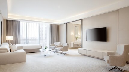 Luxurious hotel suite with city view, modern furniture, and spacious layout; ideal for travel brochures