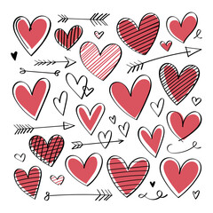 Vector illustration. A variety of red hearts in doodle style on a white background, some with arrows or decorated with strokes and waves.