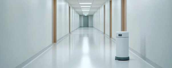 Fototapeta premium Medical delivery robot transporting healthcare supplies, navigating sterile hospital hallway, representing technological innovation in medical logistics