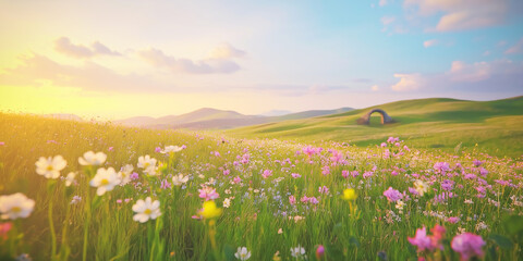 Aesthetic flowers field with gradient sky