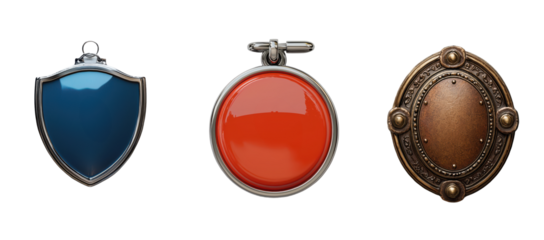 Three Elegant Blank Metal Badges Blue Shield Red Circle Bronze Oval Award Emblem Design