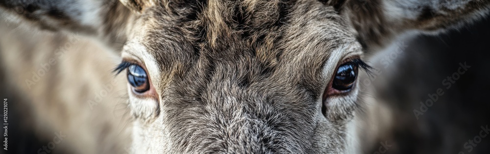 Poster close-up view of a reindeer's face revealing intricate details and expressive eyes in a natural sett