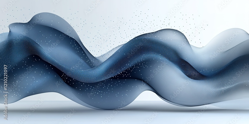 Poster wavy abstract design in blue tones with soft textures and sparkling elements displayed in a minimali