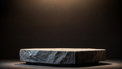 A minimalist dark-themed setup featuring a textured stone pedestal against a black background, ideal for showcasing products or artistic compositions with a dramatic and elegant aesthetic.