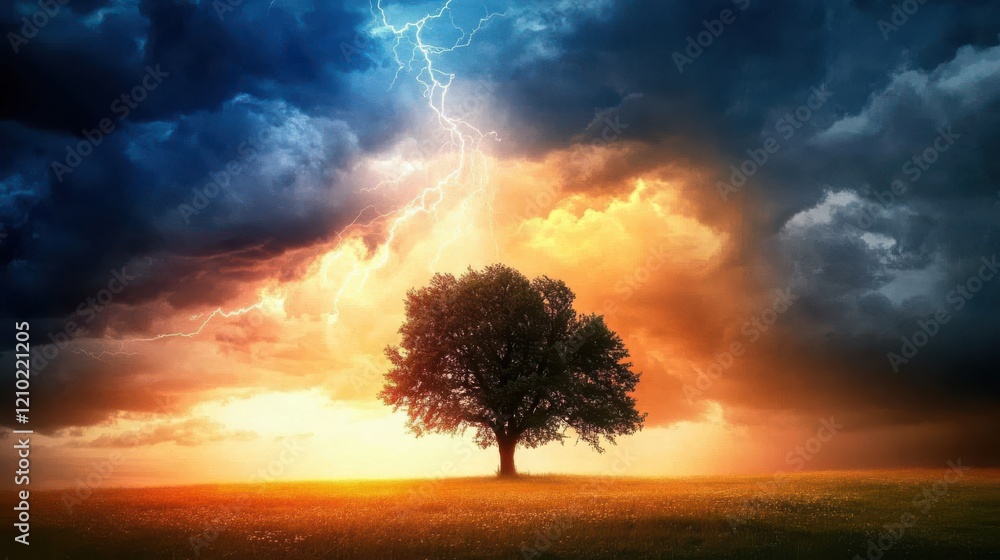 Poster Lone tree in an open field illuminated by dramatic lightning and colorful sunset
