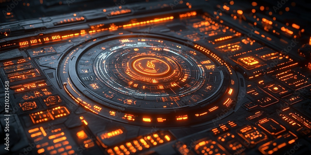 Poster high-tech digital interface with glowing orange circuits and patterns in a futuristic design
