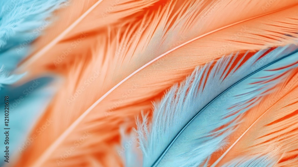 Poster close-up view of orange and blue feathers in perfect alignment, with sharp focus on their delicate f