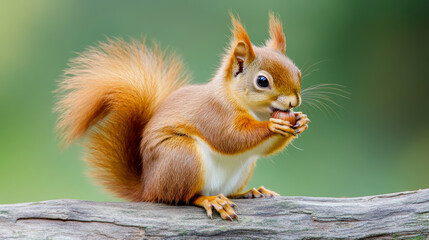 Obraz premium Eurasian red squirrel perched on a wooden branch, savoring an acorn against a blurred green background