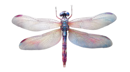 Close-up of a dragonfly with green wings isolated on a white background