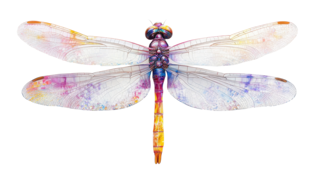 Close-up of a dragonfly with green wings isolated on a white background