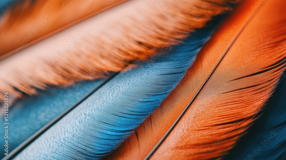 Poster close-up view of orange and blue feathers in perfect alignment, with sharp focus on their delicate f