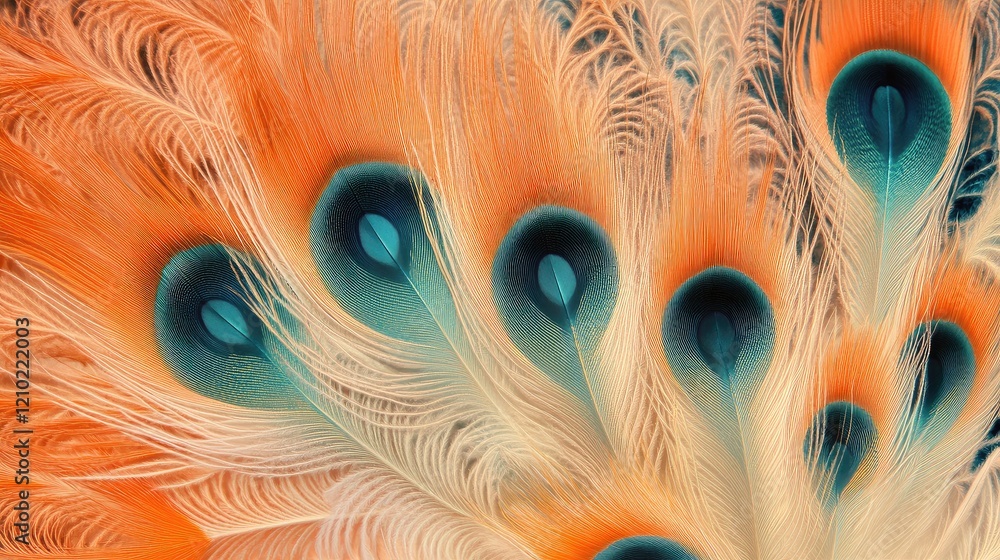 Poster close-up view of orange and blue feathers in perfect alignment, with sharp focus on their delicate f