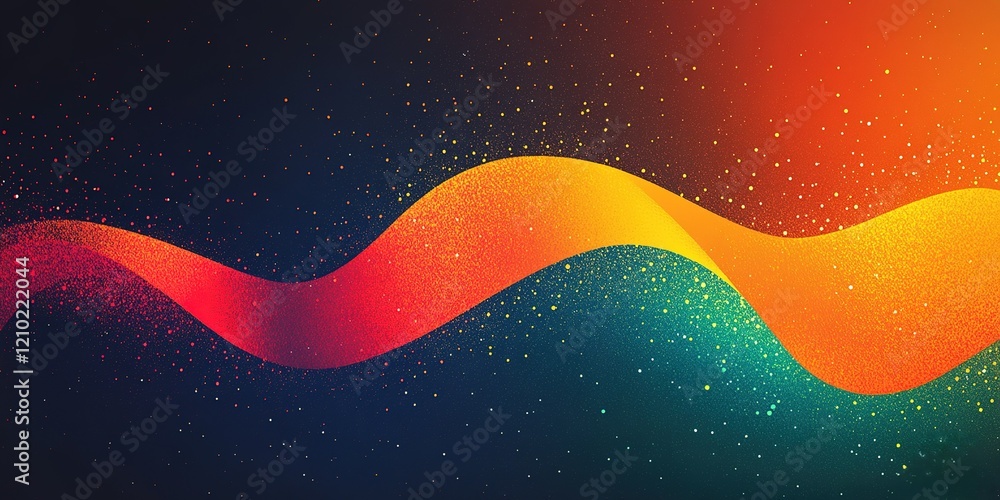 Poster vibrant abstract wave design featuring a blend of colors and sparkling particles against a dark back
