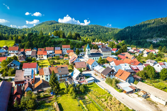 Idyllic town of Lokve in Gorski Kotar mountain region aerial view