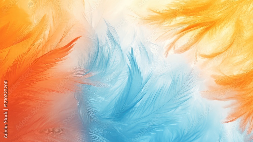 Poster macro image of orange and blue feathers blending together, with a gradient of colors and soft lighti