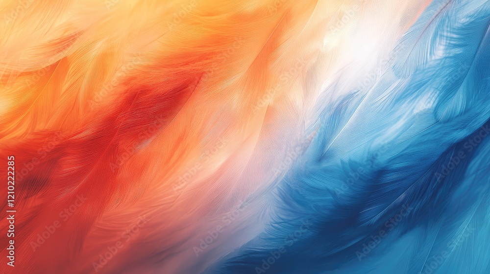 Poster macro image of orange and blue feathers blending together, with a gradient of colors and soft lighti