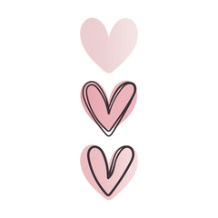 Vector illustration. Three pink hearts in a vertical position on a light background, two with a circled outline, gradual decrease in color intensity.