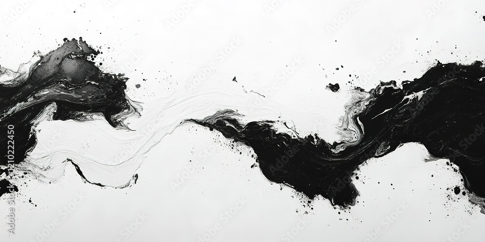 Poster abstract black and white art with fluid patterns creating a dynamic visual flow across a simple back