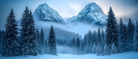 Fototapeta premium Snowy Mountain Forest Winter Sunrise