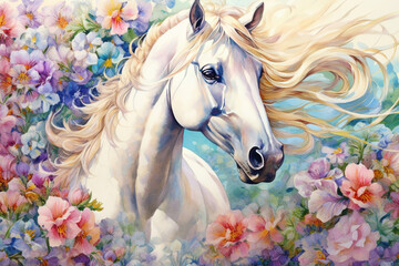 beautiful white horse and lilac flowers in the field., watercolor style, Generative AI