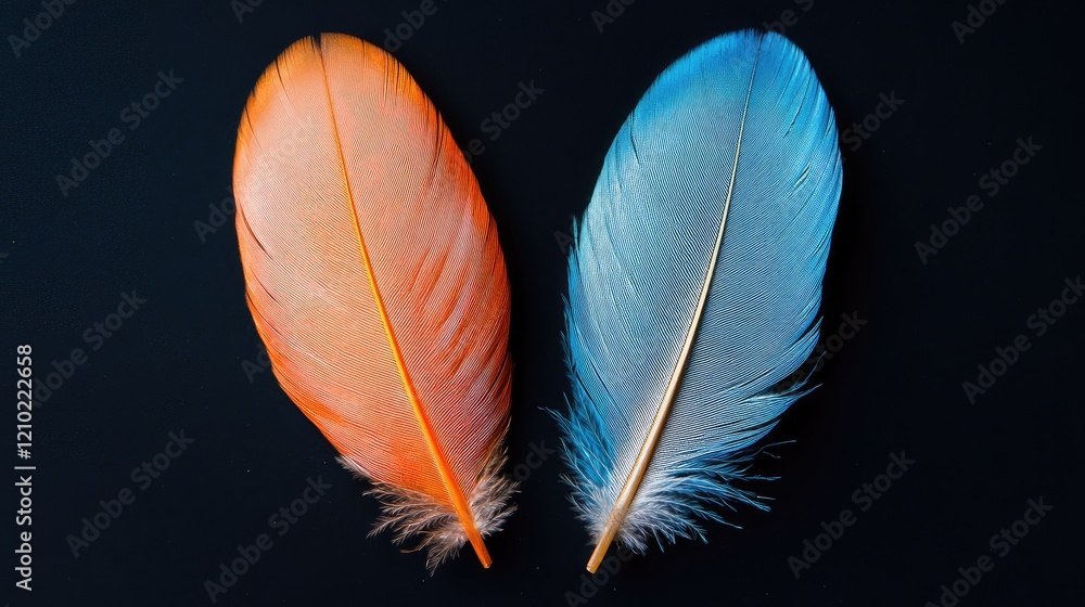 Poster macro shot of two feathers, one orange and one blue, lying side by side with vivid detail and contra