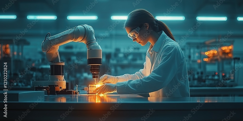 Aufkleber scientist working in a high-tech laboratory with robotic assistance during evening hours