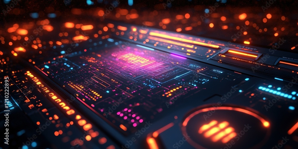 Poster dynamic electronic circuit board illuminated with vibrant lights showcasing advanced technology in d