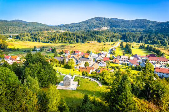 Idyllic town of Lokve in Gorski Kotar mountain region aerial view