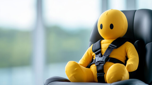 Yellow child-sized crash test dummy strapped into car seat, positioned on testing platform, highlighting pediatric safety standards in automotive design