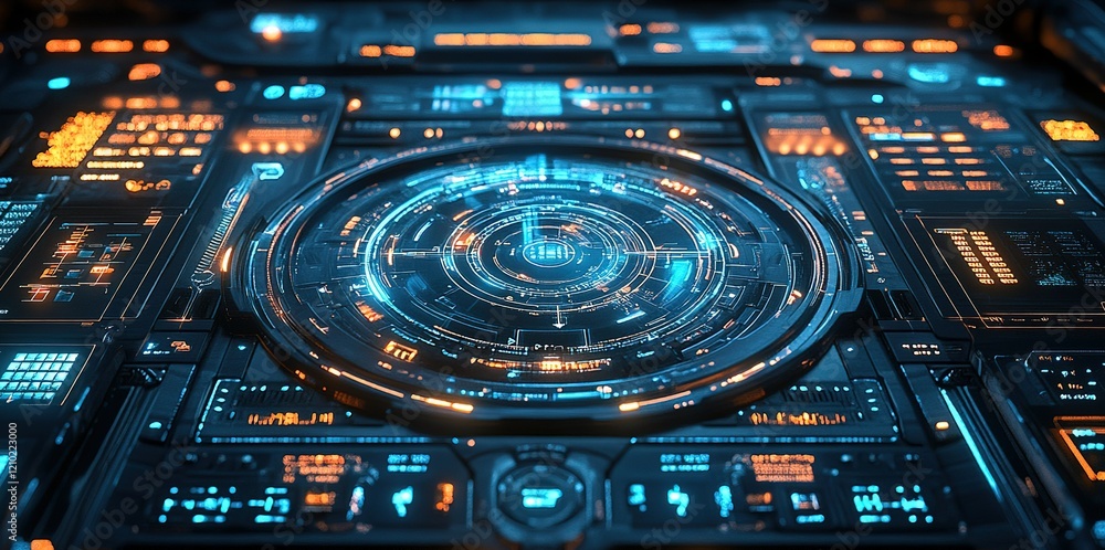Poster digital interface showcasing futuristic technology with vibrant displays and active data visualizati