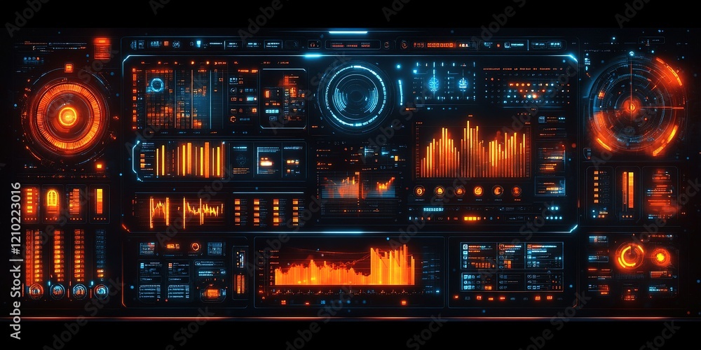 Poster futuristic digital dashboard displaying data analytics and visualizations in vibrant colors and intr