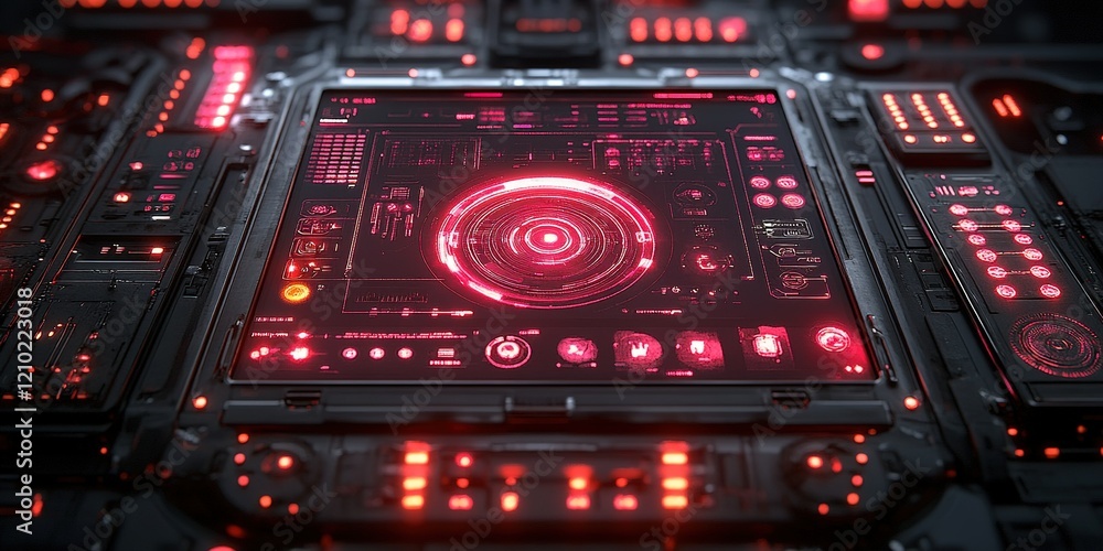 Poster futuristic digital control panel illuminated with vibrant red lights showcasing advanced technology 