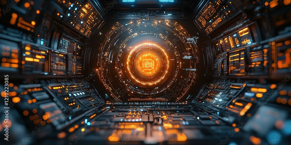 Poster intricate design of a futuristic control room with glowing interfaces and circular energy core