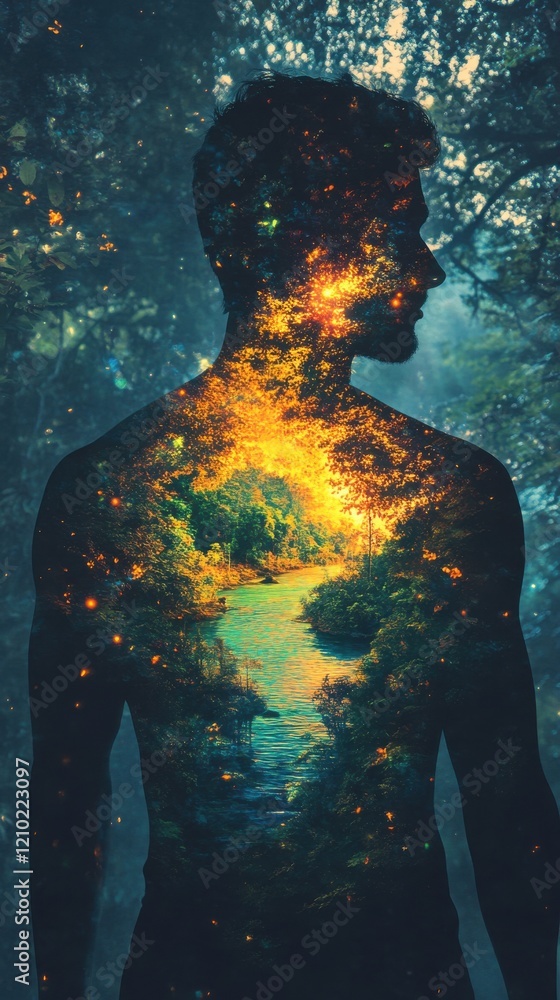 Poster Man glowing with a vibrant landscape shining through in a mystical forest setting during twilight