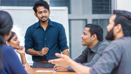 Indian professionals brainstorming while a leader presents on a whiteboard.	
