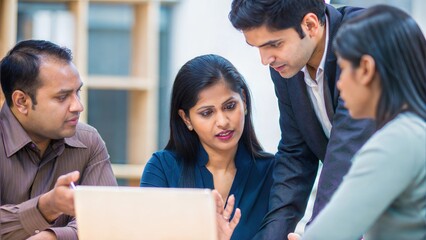 A collaborative office setup with Indian team members and a leader discussing project plans.	
