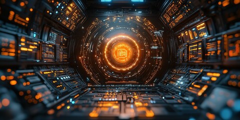 Fototapeta premium Intricate design of a futuristic control room with glowing interfaces and circular energy core