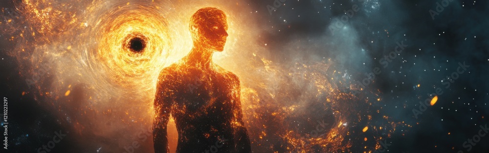 Poster man glowing with cosmic energy in a surreal space environment during a starry night
