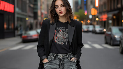Fototapeta premium A brunette woman in an oversized black blazer, graphic T-shirt, and distressed jeans, standing stylishly on a busy city street