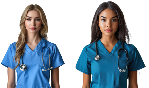 Portrait of Two Diverse Female Doctors in Scrubs with Stethoscopes Healthcare Professionals