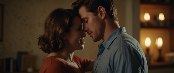 Obraz premium Intimate Embrace: A romantic couple stands close, their foreheads touching in a moment of tender intimacy, captured in a warm, candlelit setting, radiating love and connection.